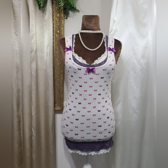 ♡ Y2K ♡ Aeropostale Purple & Pink Butterfly Cami Satin Ribbon Bow Tank Top - Picture 1 of 9